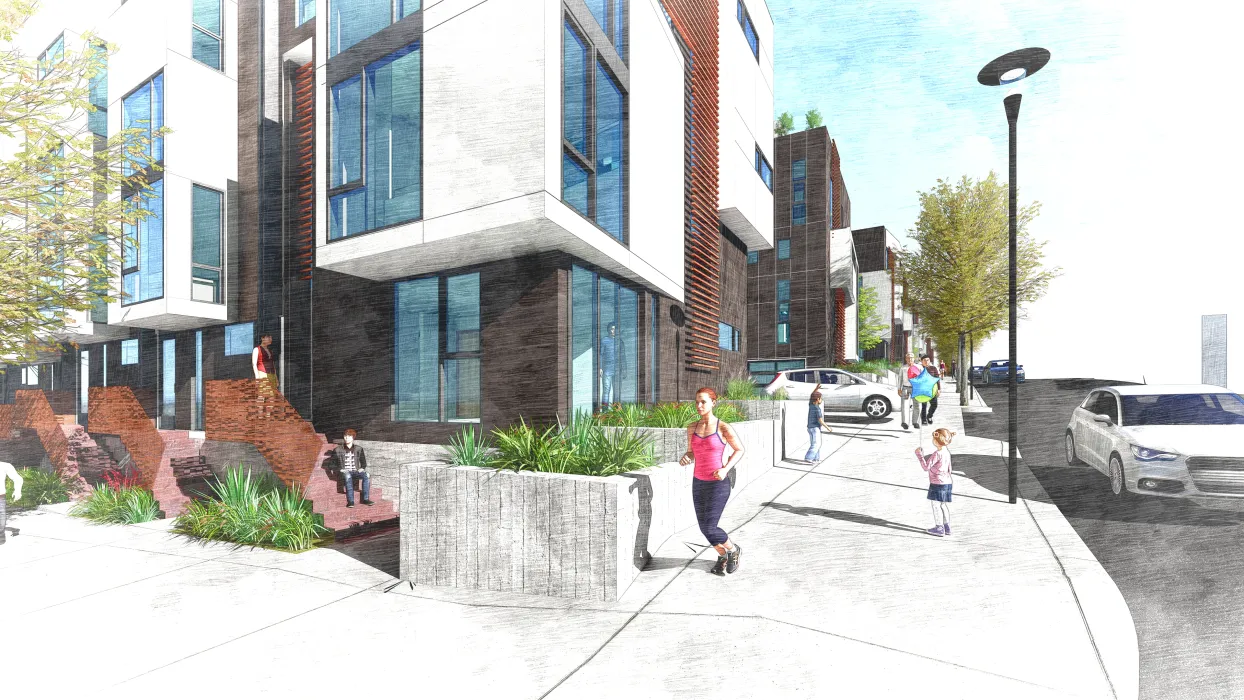 Exterior rendering of street corner for The Grove in Durham, North Carolina.