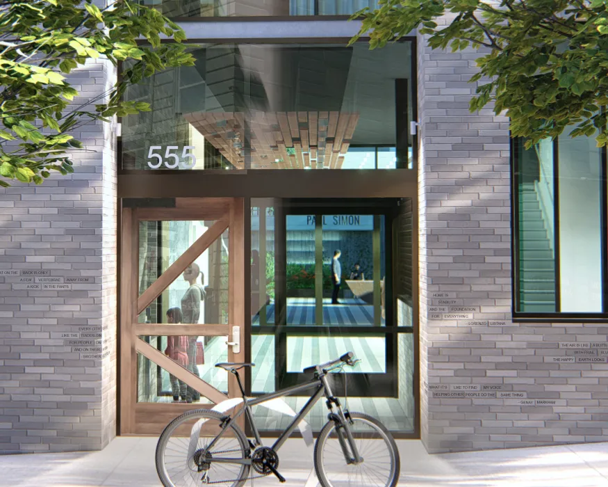 Exterior rendering of the entrance to the courtyard at 555 Larkin in San Francisco. 
