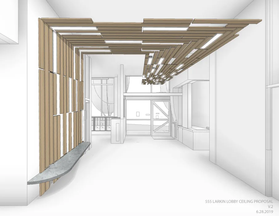 Digital view of the entrance lobby at 555 Larkin in San Francisco.
