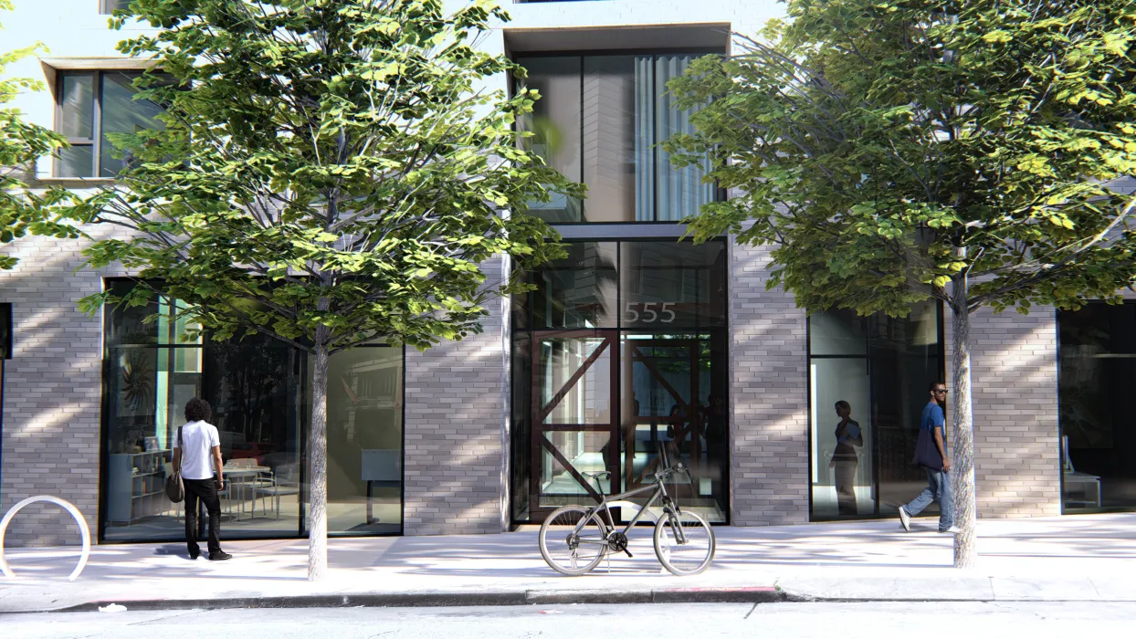 Exterior rendering of the entrance to 555 Larkin in San Francisco. 