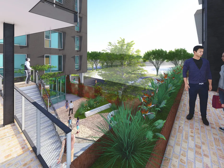 Rendering of the courtyard from the second level for 355 Sango Court in Milpitas, Ca.