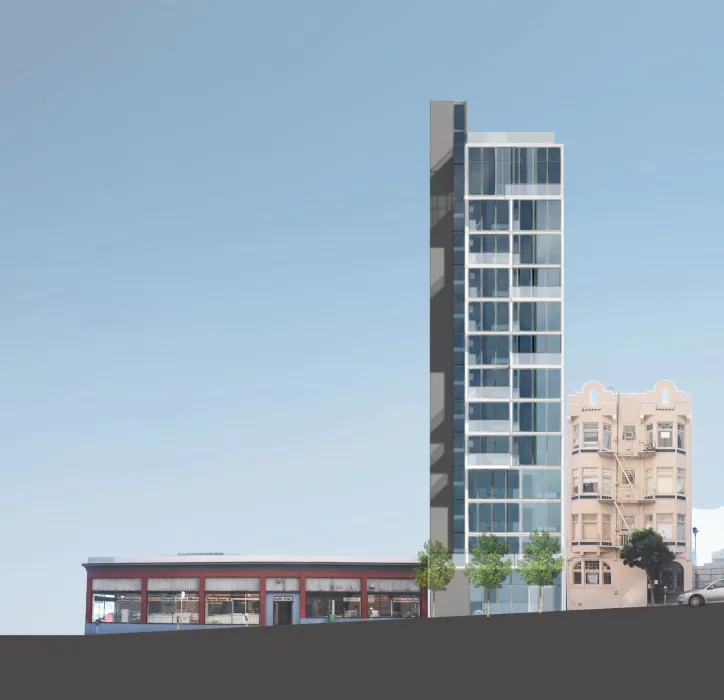 Rendering of the north elevation for 921 O'Farrell in San Francisco, Ca.