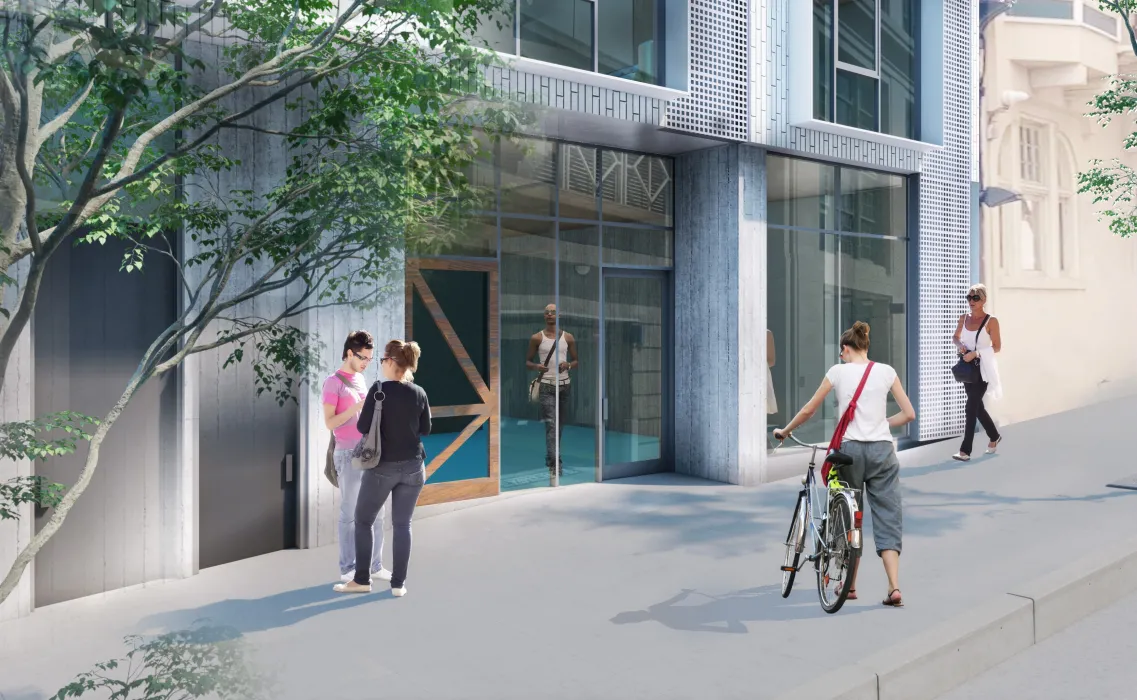 Exterior v3 rendering of the entrance to 921 O'Farrell in San Francisco, Ca.