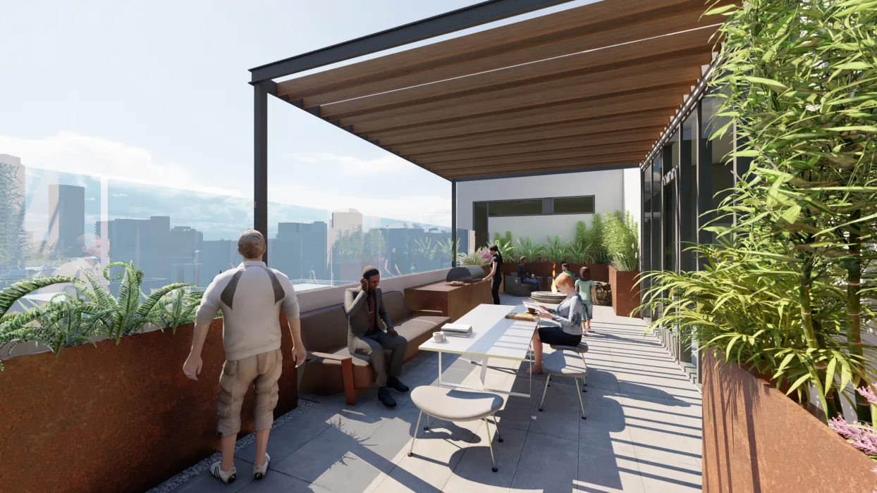 Rendering of the roof deck for 921 O'Farrell in San Francisco, Ca.
