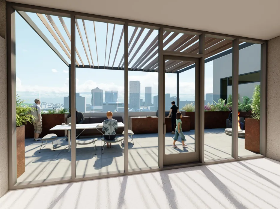 Rendering of the roof deck for 921 O'Farrell in San Francisco, Ca.