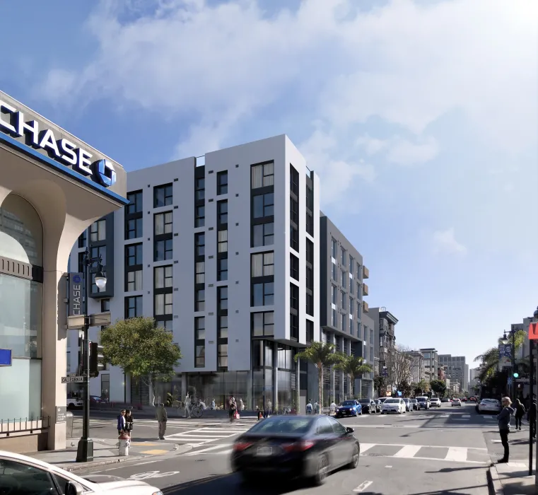 Exterior rendering of 1567 California looking south in San Francisco, California. 