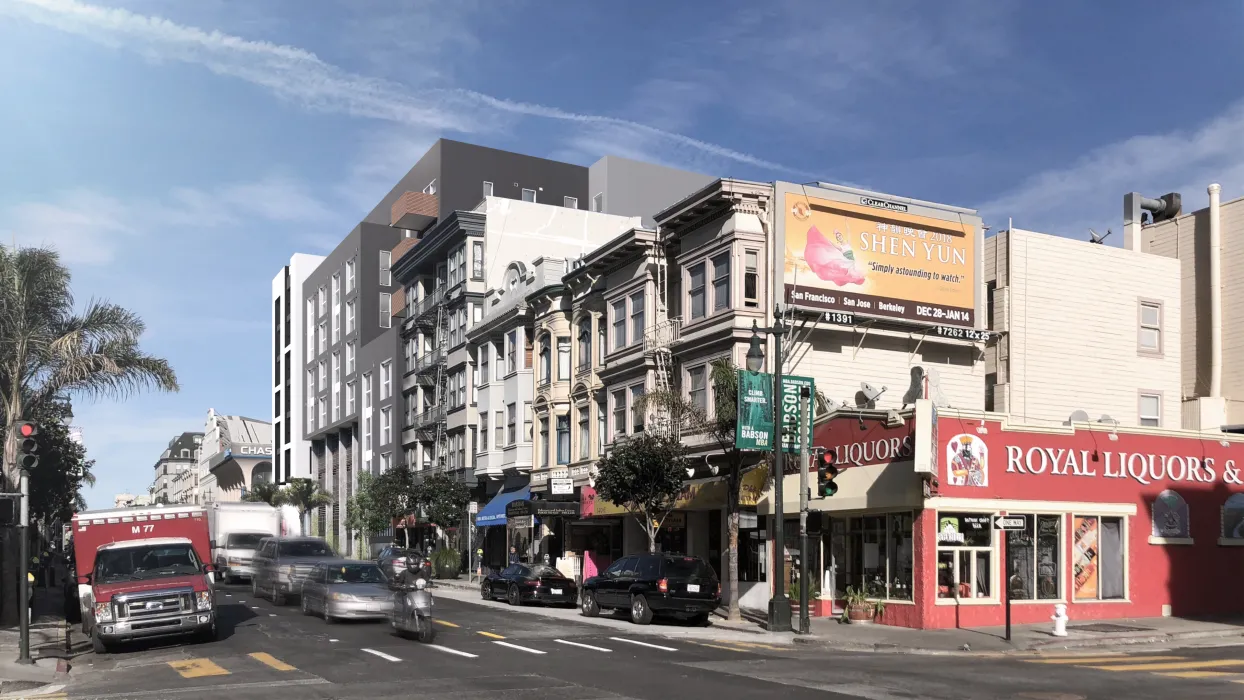 Exterior rendering of 1567 California from Polk Street in San Francisco, California. 