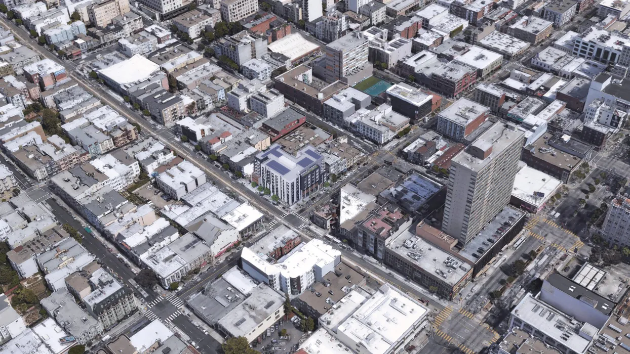 Aerial rendering of 1567 California in San Francisco, California. 