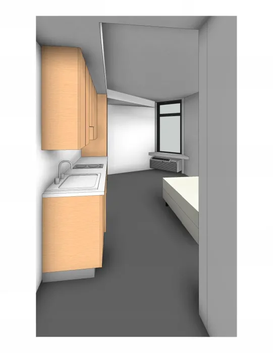 Model of unit interior forTahanan Supportive Housing in San Francisco.