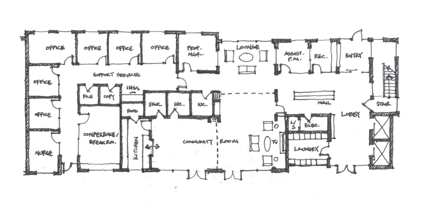 Ground floor sketch for Tahanan Supportive Housing in San Francisco.