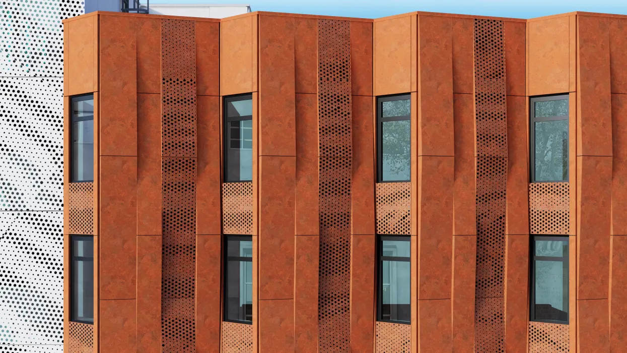 Detail of the weathering steel facade at Tahanan Supportive Housing in San Francisco.