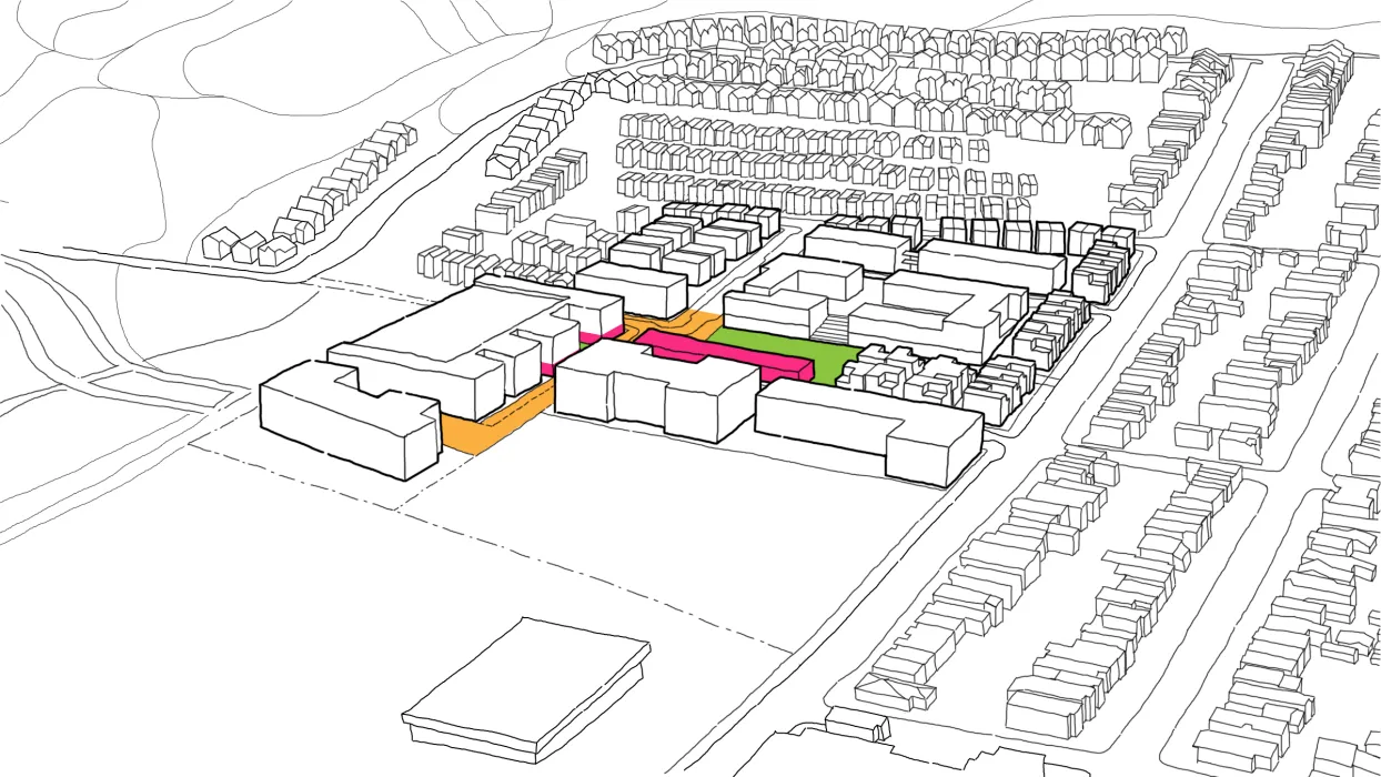 Diagram showing clustered community uses for Midway Village Framework Plan in Daly City, Ca.