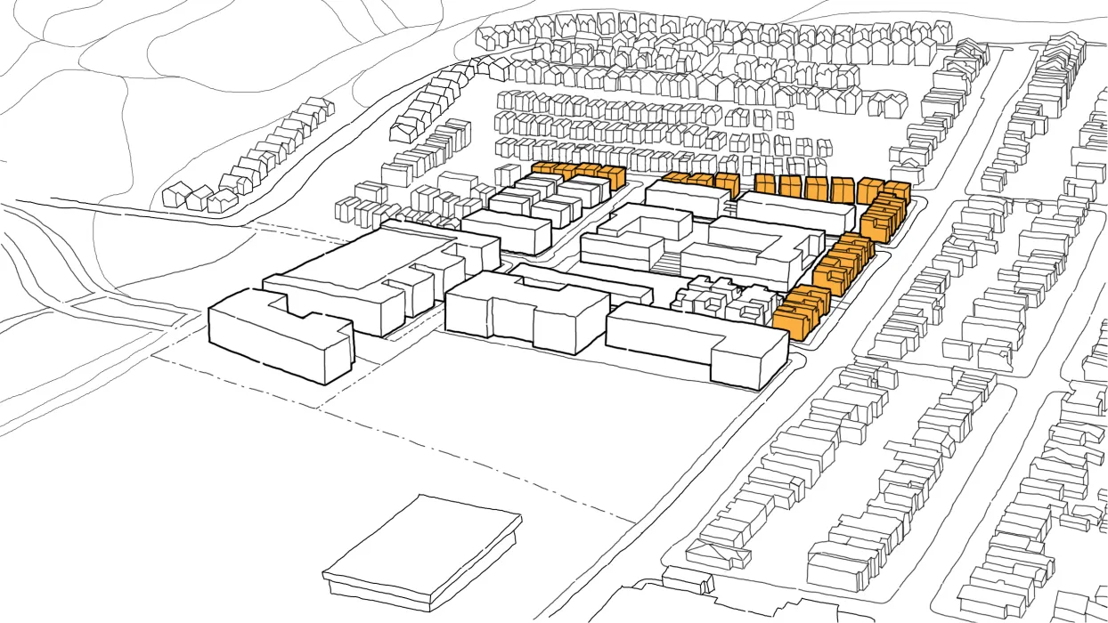 Diagram showing low-scale housing at site edge to match neighborhood context for Midway Village Framework Plan in Daly City, Ca.