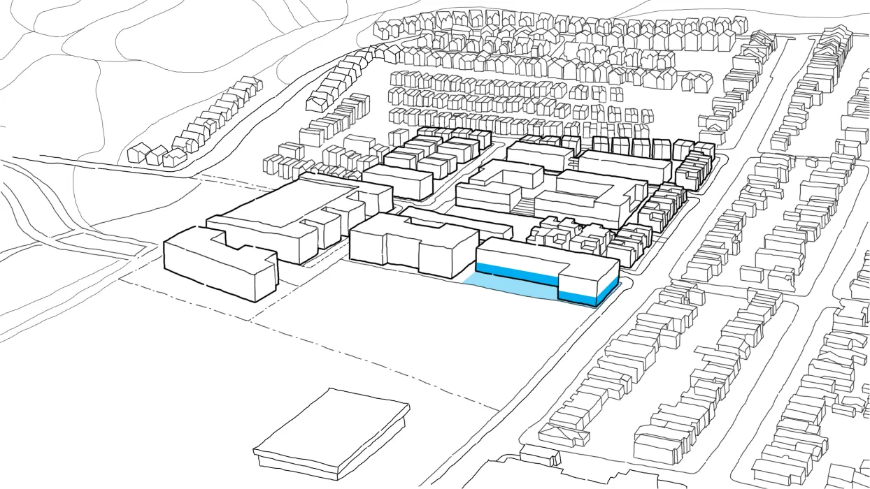 Diagram showing new location of child-care center for Midway Village Framework Plan in Daly City, Ca.