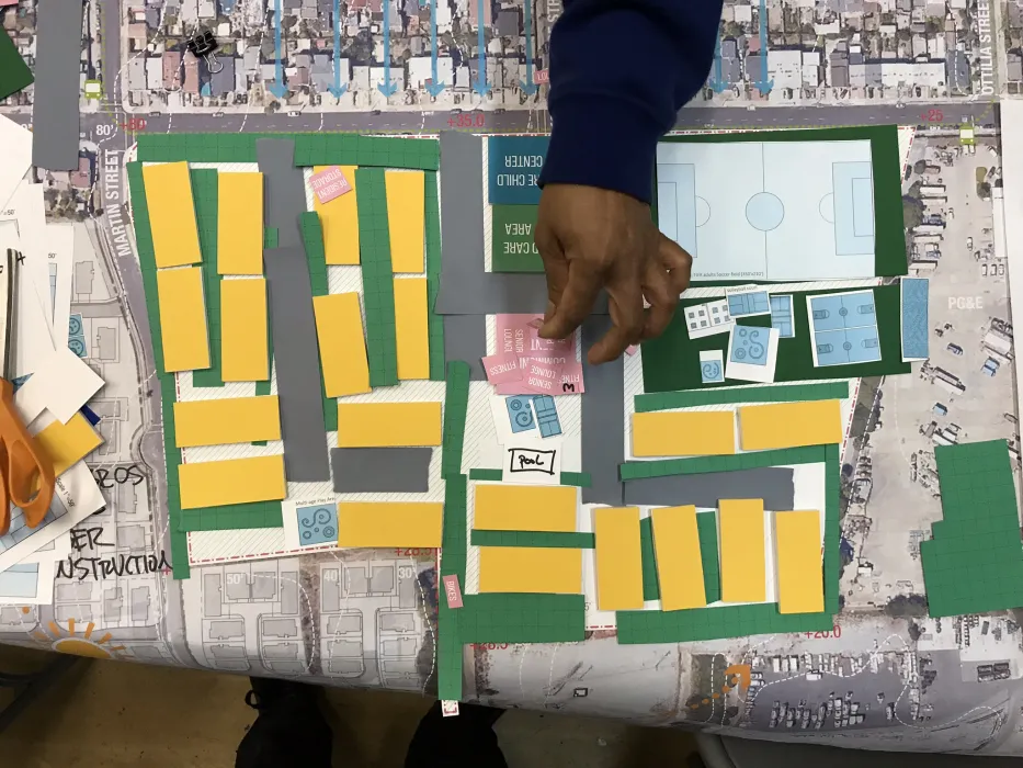 Overhead photo of a site planning exercise for Midway Village Framework Plan in Daly City, Ca.