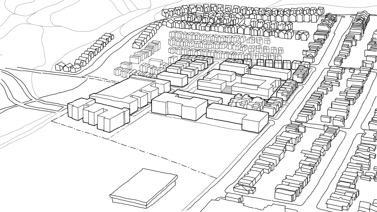 Diagram of full four-phase build-out for Midway Village Framework Plan in Daly City, Ca.