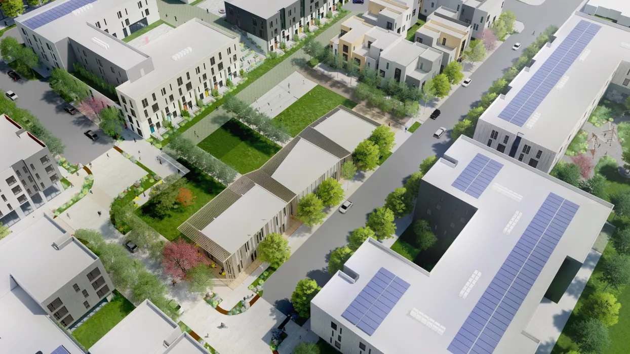 Rendered aerial view of neighborhood park for Midway Village Framework Plan in Daly City, Ca.
