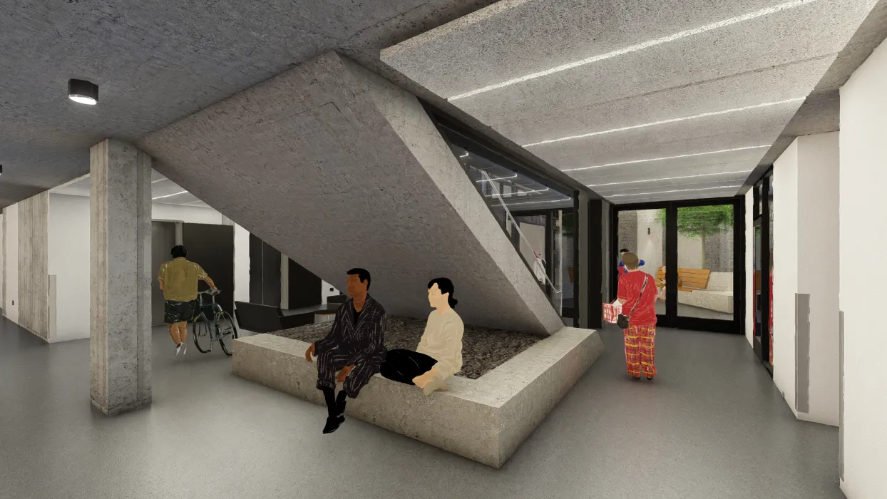 Rendered basement level of Jazzie Collins, affordable supportive housing in San Francisco.