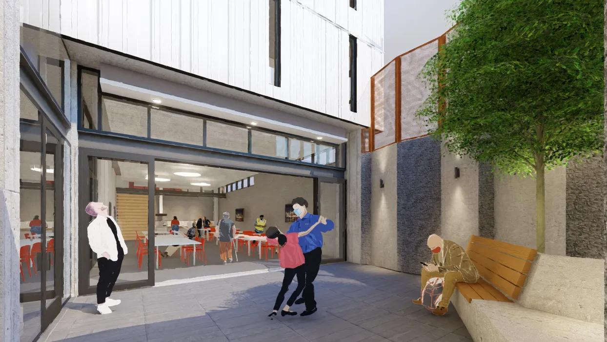 Rendered courtyard of Jazzie Collins, affordable supportive housing in San Francisco