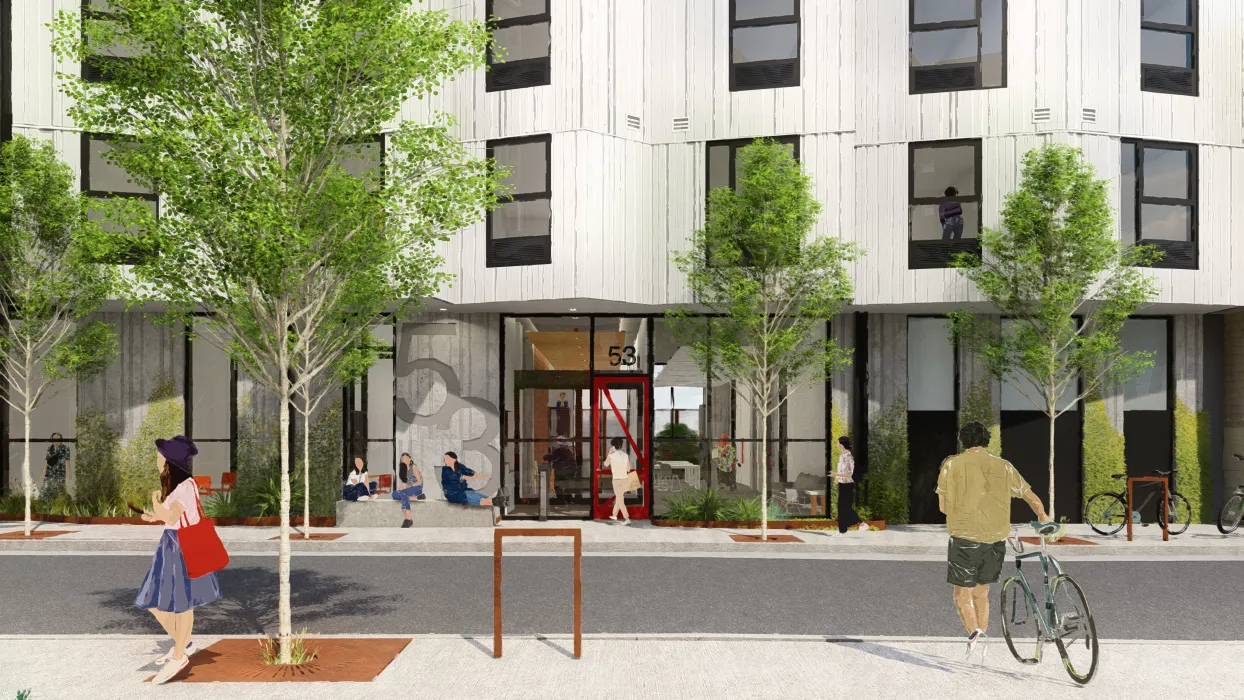 Rendered view of the building entrance at Jazzie Collins in San Francisco