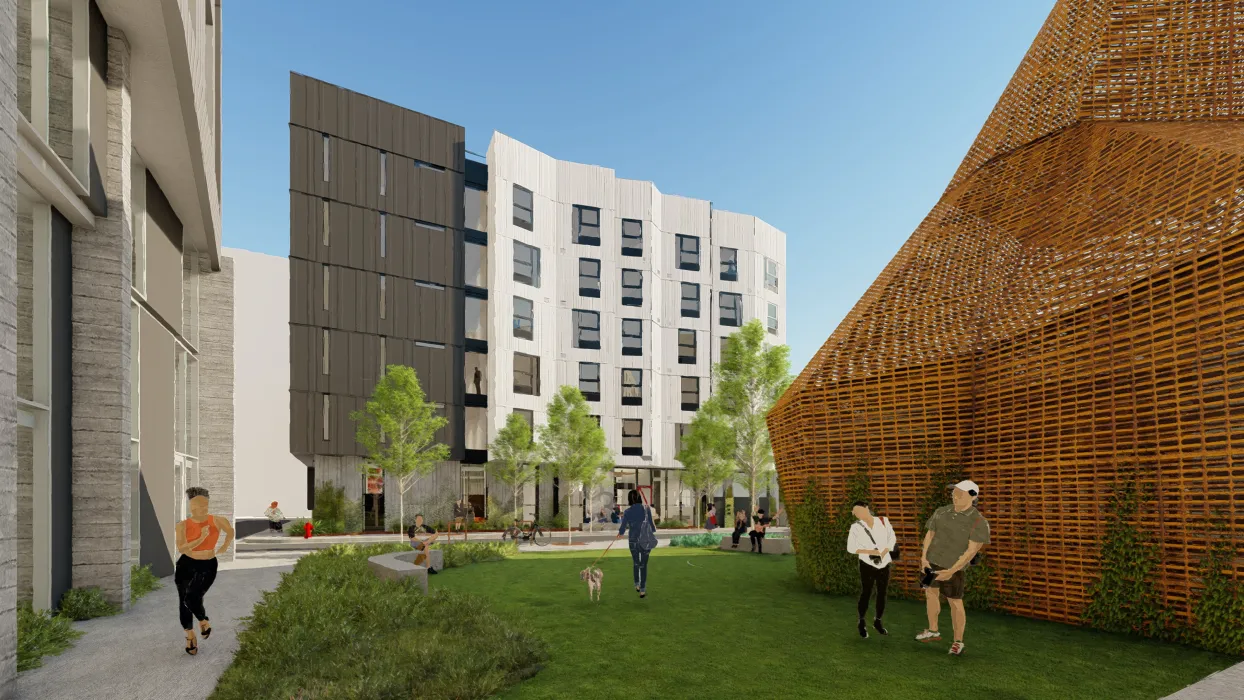 Rendered view from Mazzola Gardens of Jazzie Collins, affordable supportive housing in San Francisco.