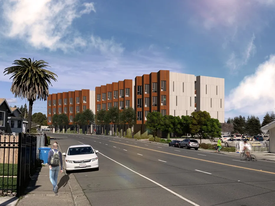 Rendering view from across Sacramento Street from the south showing the entire building of Blue Oak Landing in Vallejo, California.