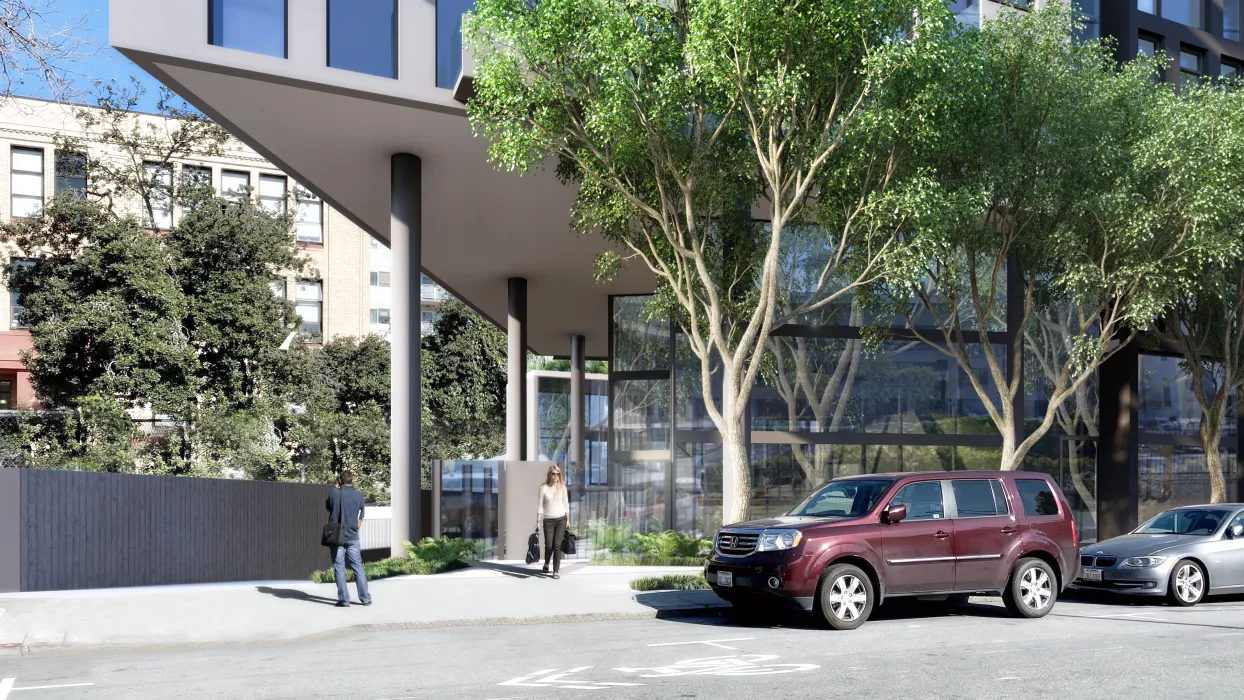 Exterior rendering of the entry to 600 McAllister in San Francisco.