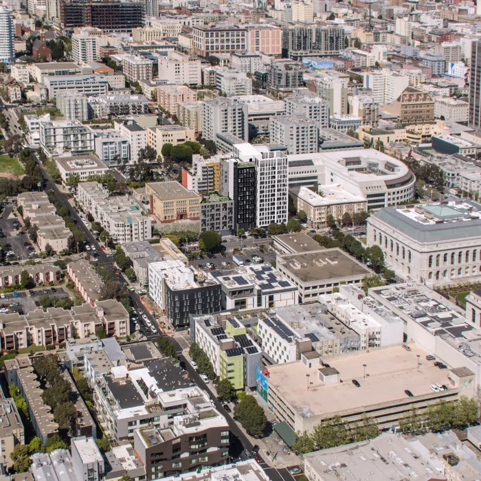 Aerial rendering of 600 McAllister in San Francisco.