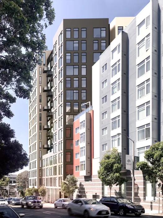 Exterior rendering of 00 McAllister looking down Franklin Street in San Francisco.