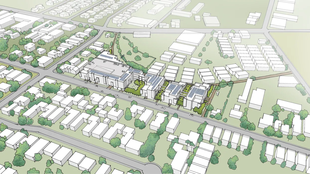 Aerial rendering of Colibrí Commons in East Palo Alto, California.