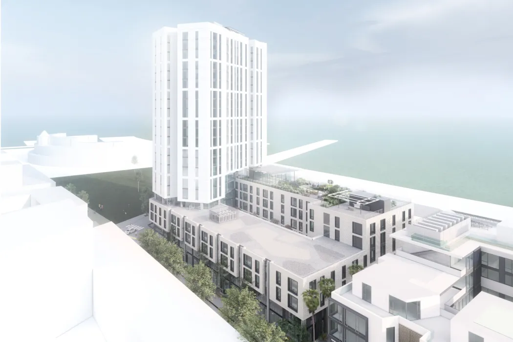 Aerial rendering of Tidal House in Treasure Island, San Francisco, Ca.