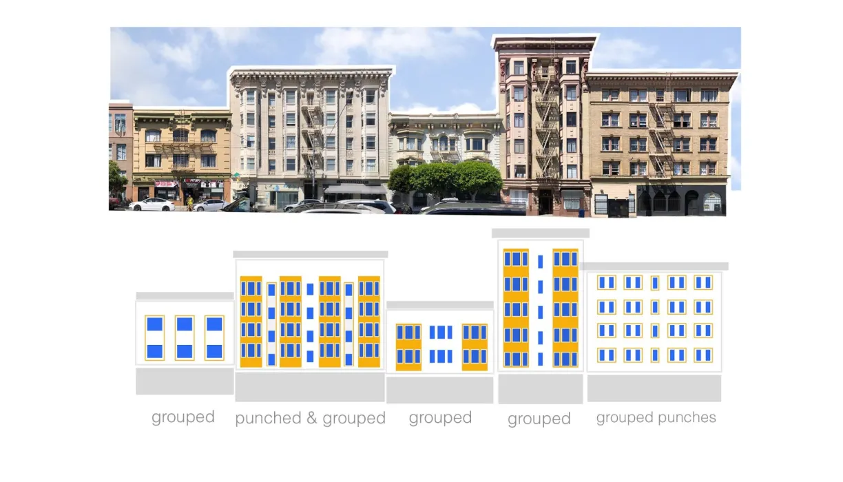 Diagram of historic window typology for 1101 Sutter in San Francisco.