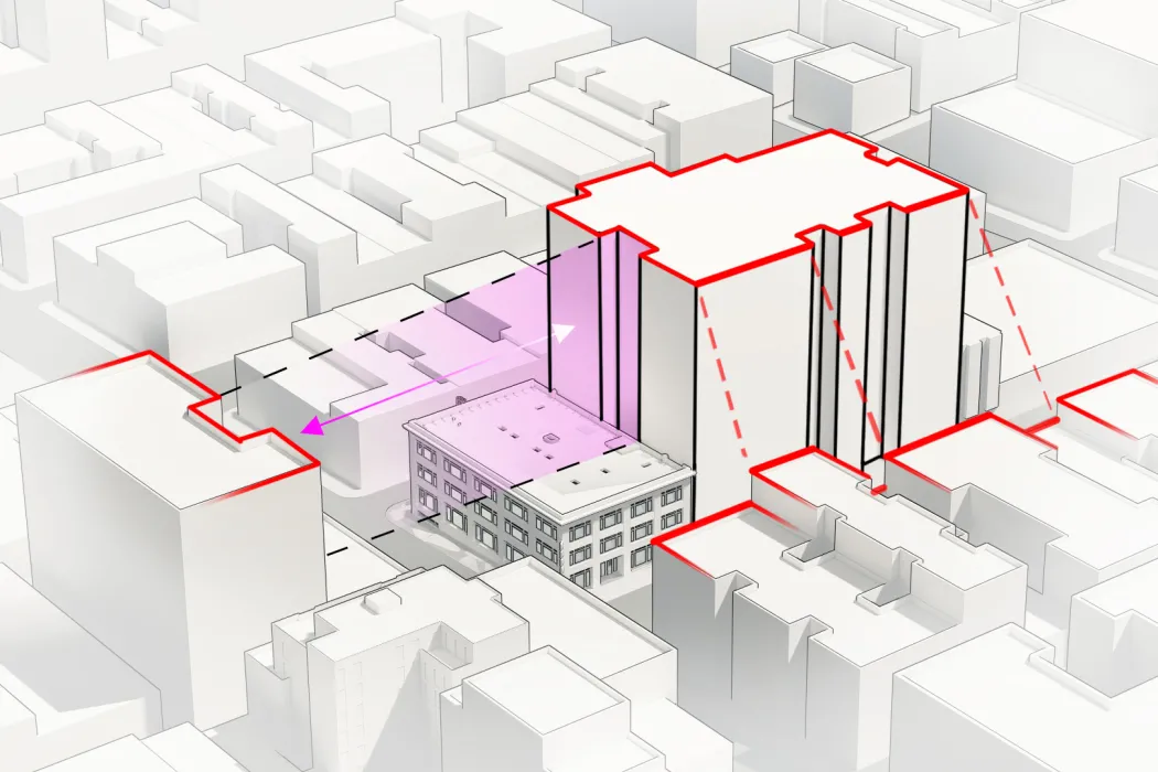 Massing diagram showing 1101 Sutter in relation to surrounding buildings.