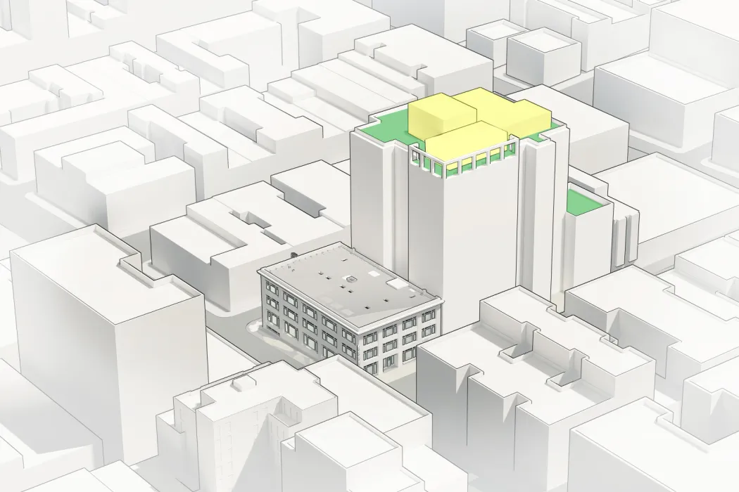 Massing diagram showing 1101 Sutter rooftop activation.