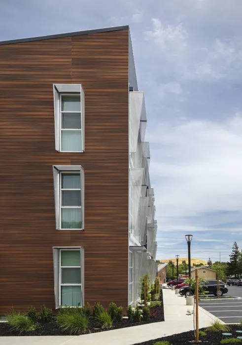 View of the building detail at Rocky Hill Veterans Housing in Vacaville, California.