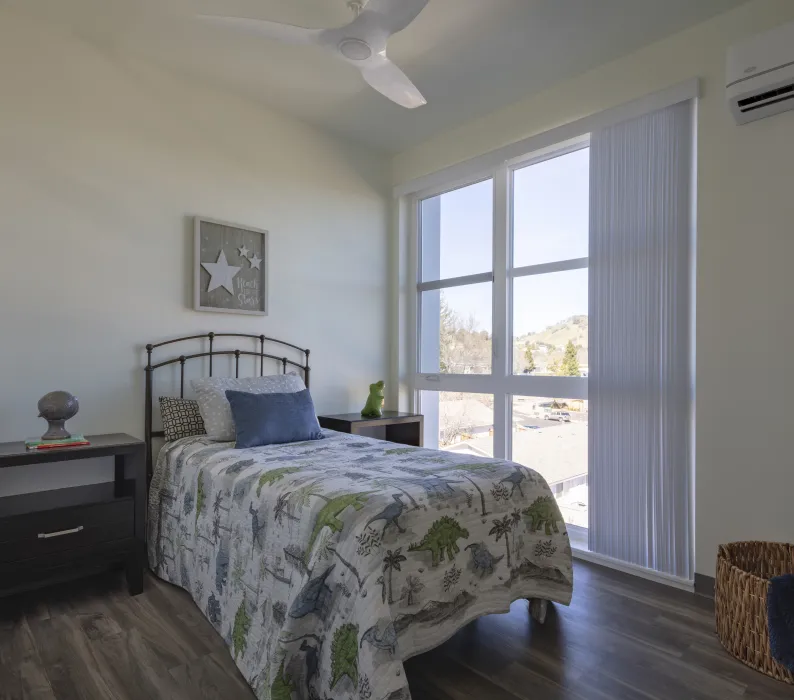 Bedroom inside Rocky Hill Veterans Housing in Vacaville, California.