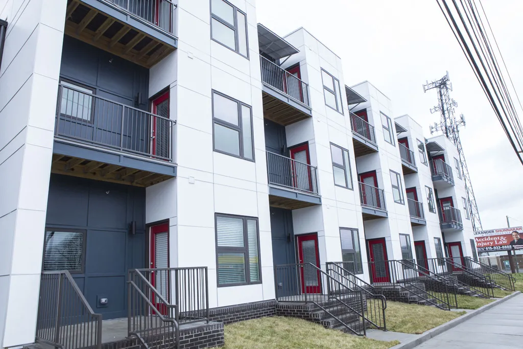 Exterior rendering of the first phase of 26th and Clarksville with ground-floor units in Nashville, Tennessee. 