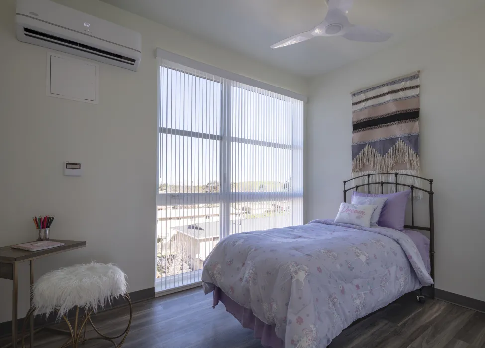 Bedroom inside Rocky Hill Veterans Housing in Vacaville, California.