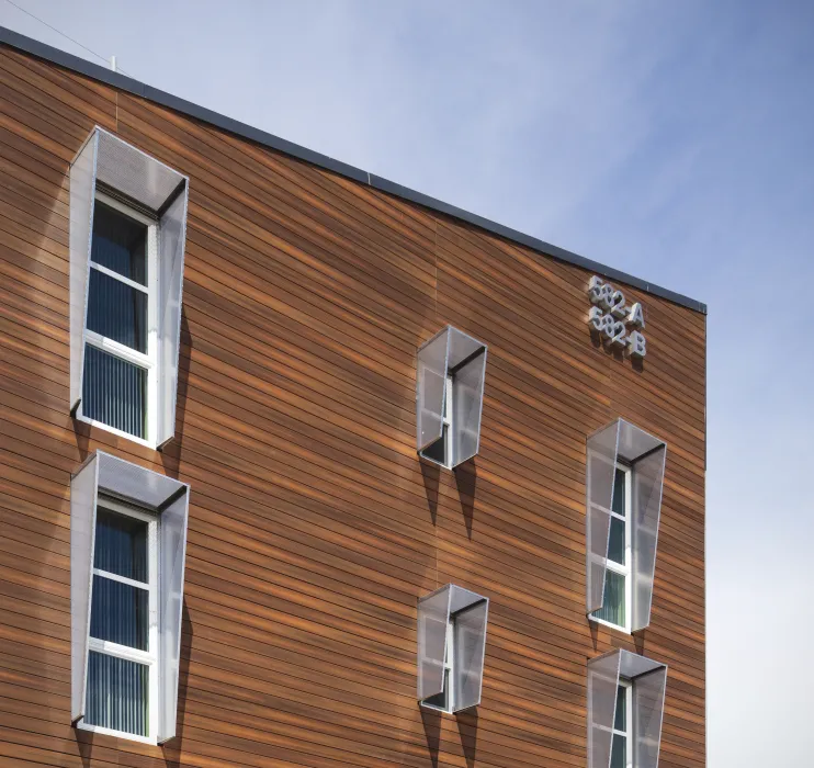 View of the building detail at Rocky Hill Veterans Housing in Vacaville, California.