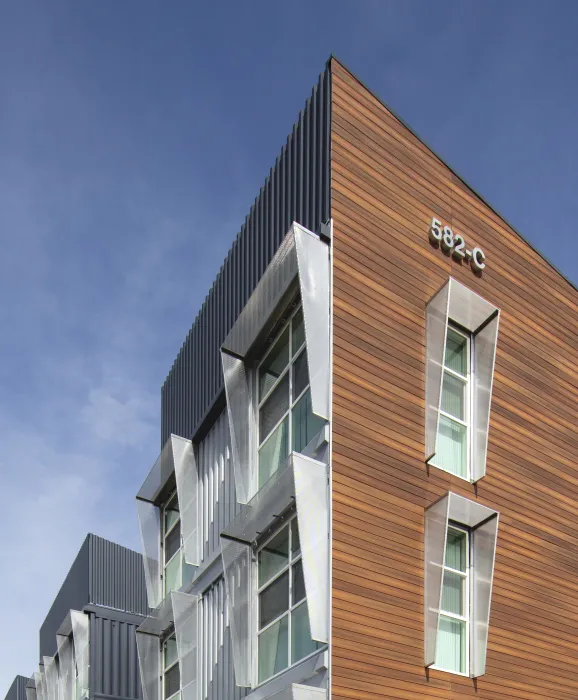 View of the building detail at Rocky Hill Veterans Housing in Vacaville, California.