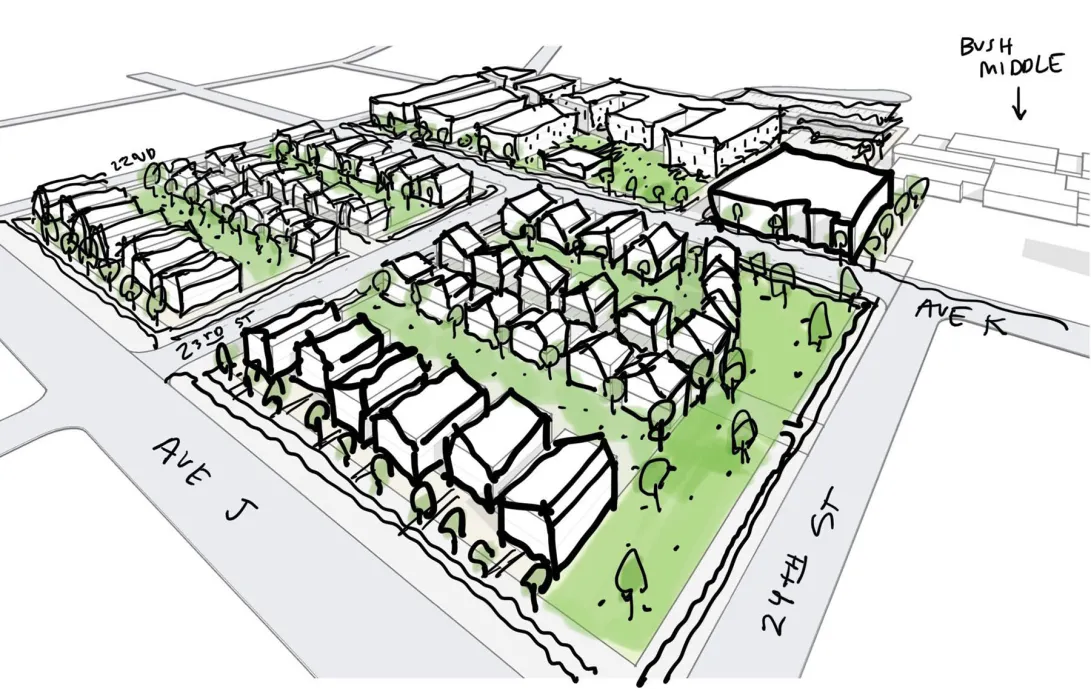 Aerial Sketch for Ensley Mixed-Use Neighborhood in Birmingham, Alabama.