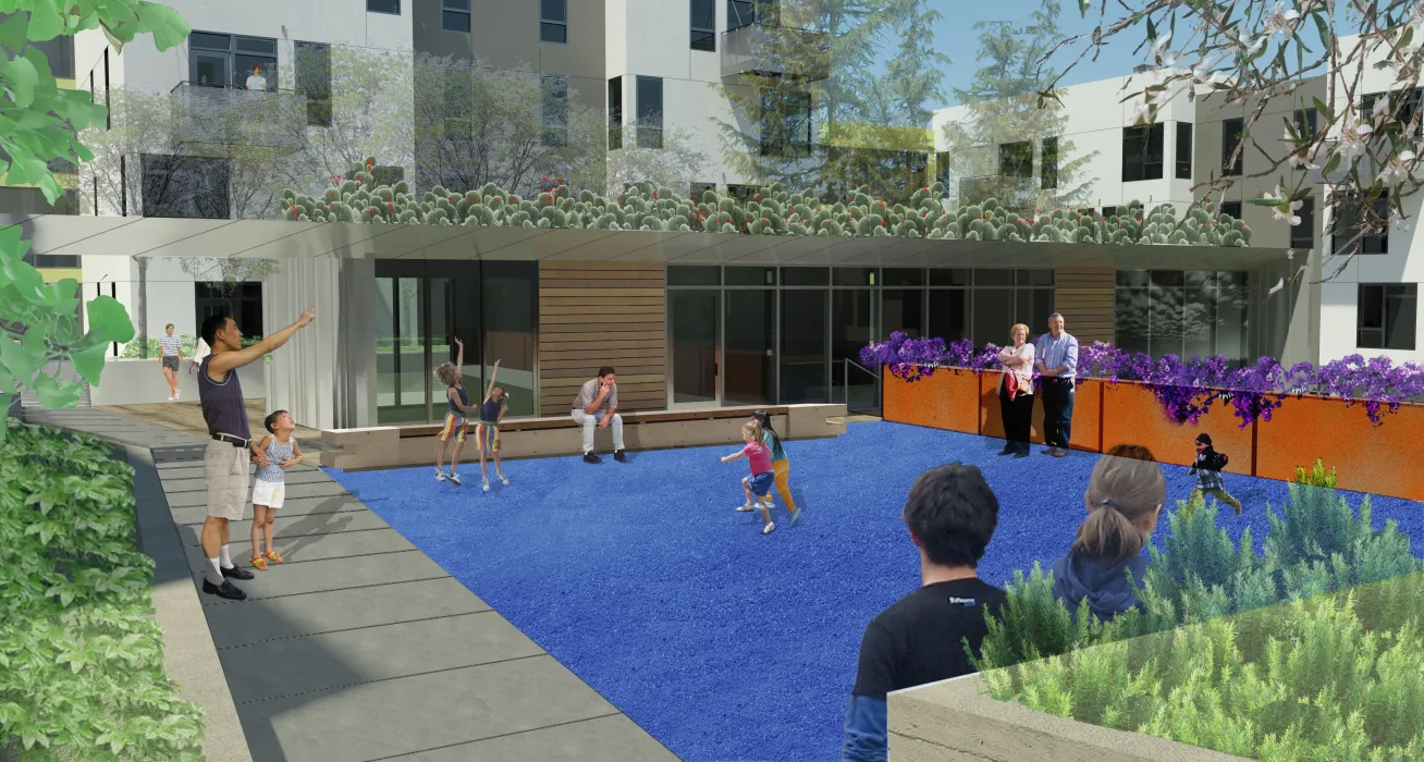 Rendered view of the courtyard inside Five88 in San Francisco 