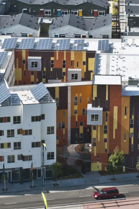 View of entry and courtyard from above of Armstrong Place Senior in San Francisco.