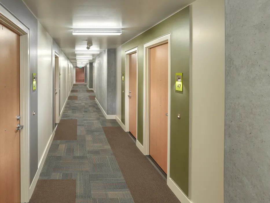 Residential hallway inside Rincon Green in San Francisco.