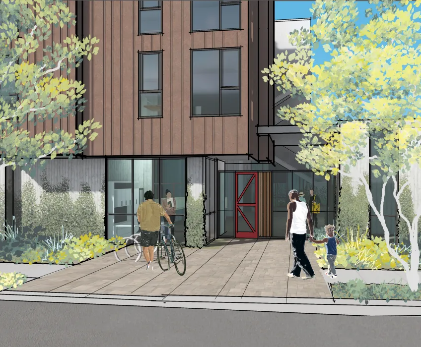 Exterior rendering of the entrance to 1100 La Avenida in Mountain View, California.