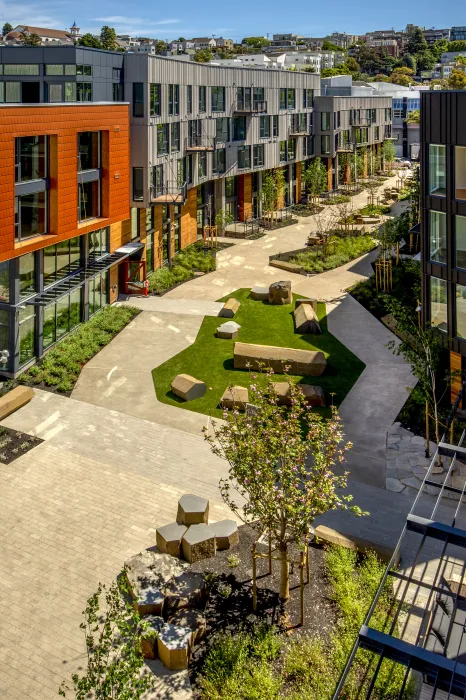 View of the pedestrian greenway from above at Mason on Mariposa in San Francisco.