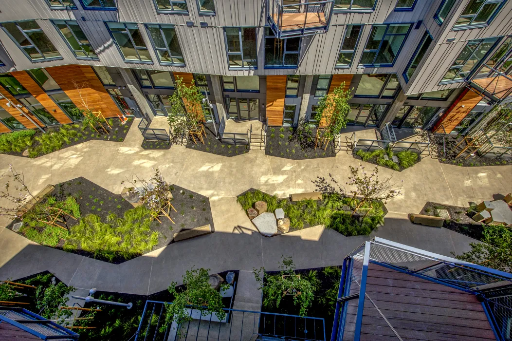 View of the pedestrian greenway from above at Mason on Mariposa in San Francisco.