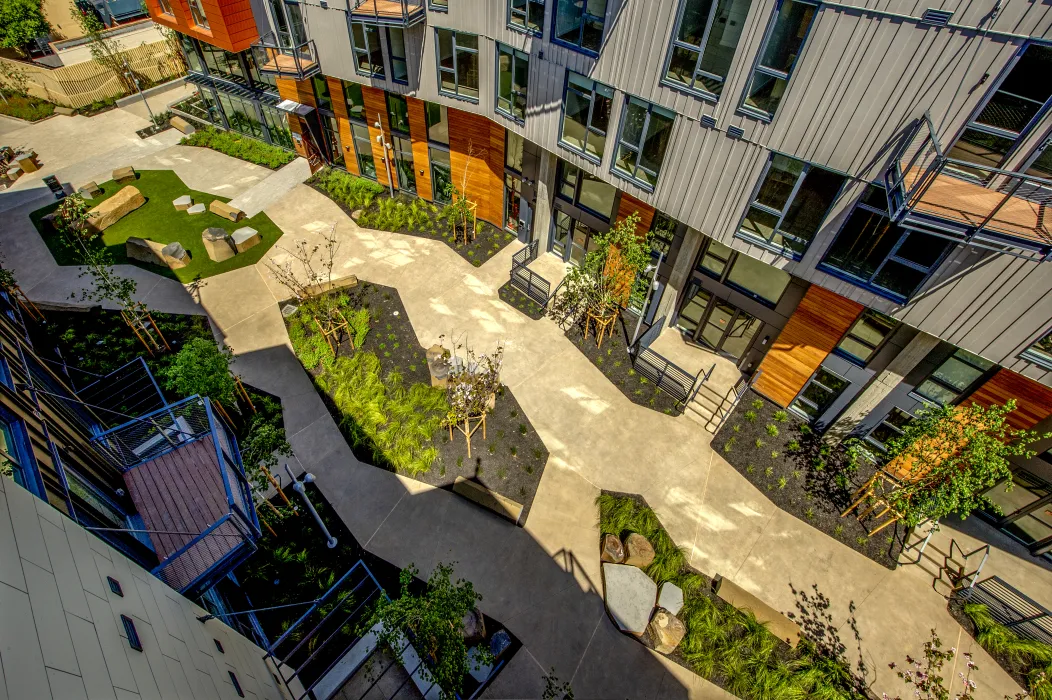 View of the pedestrian greenway from above at Mason on Mariposa in San Francisco.