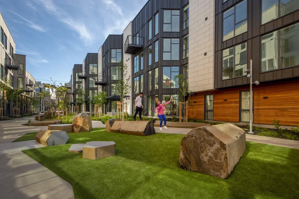 View of the mews and pedestrian greenway at Mason on Mariposa in San Francisco.