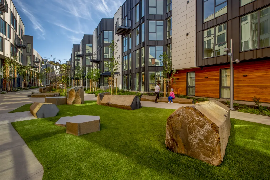 View of the mews and pedestrian greenway at Mason on Mariposa in San Francisco.